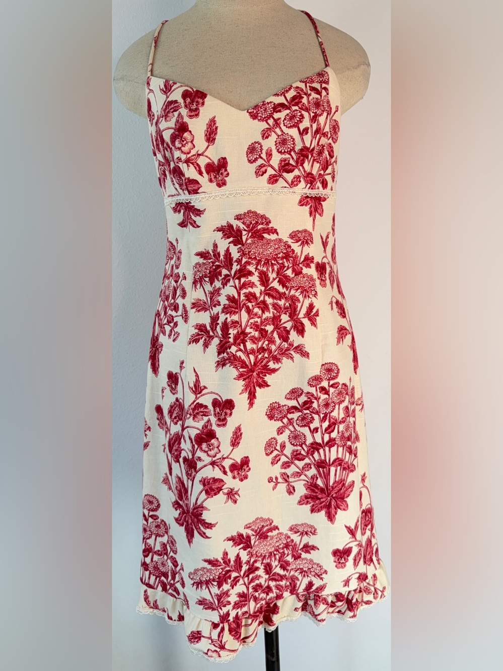 VTG Maggy London Red Toile Floral Dress Lace Trim Ruffle Sweetheart Cami Size 4